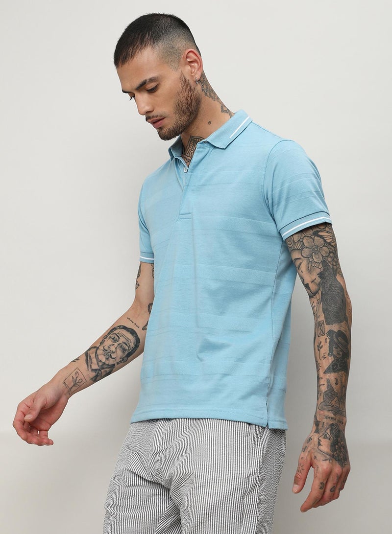 Campus Sutra Campus Sutra Men's Sky Blue Self-Design Horizontal Stripe T-Shirt For Casual Wear | Spread Collar | Short Sleeve | Half-Button Closure | Polycotton T-Shirt Crafted With Comfort Fit For Everyday Wear  - Image 3