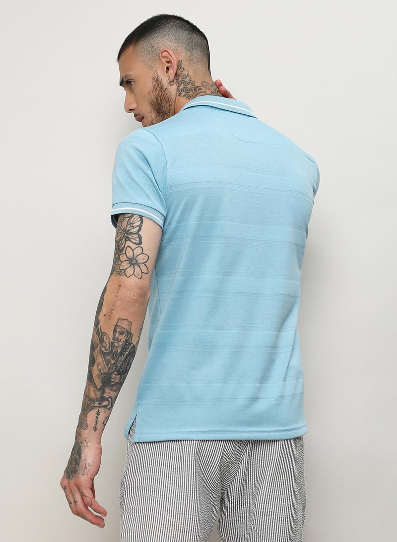 Campus Sutra Campus Sutra Men's Sky Blue Self-Design Horizontal Stripe T-Shirt For Casual Wear | Spread Collar | Short Sleeve | Half-Button Closure | Polycotton T-Shirt Crafted With Comfort Fit For Everyday Wear  - Image 5