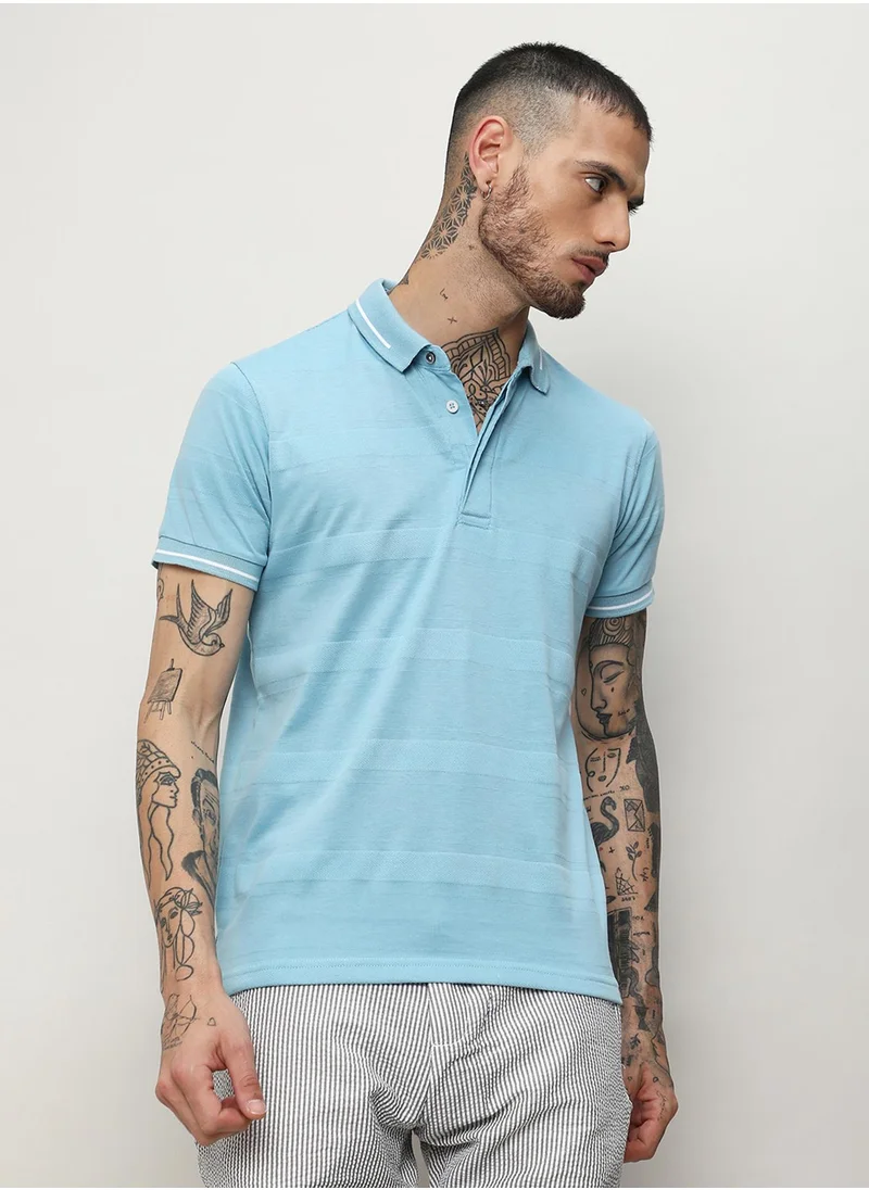 Campus Sutra Campus Sutra Men's Sky Blue Self-Design Horizontal Stripe T-Shirt For Casual Wear | Spread Collar | Short Sleeve | Half-Button Closure | Polycotton T-Shirt Crafted With Comfort Fit For Everyday Wear