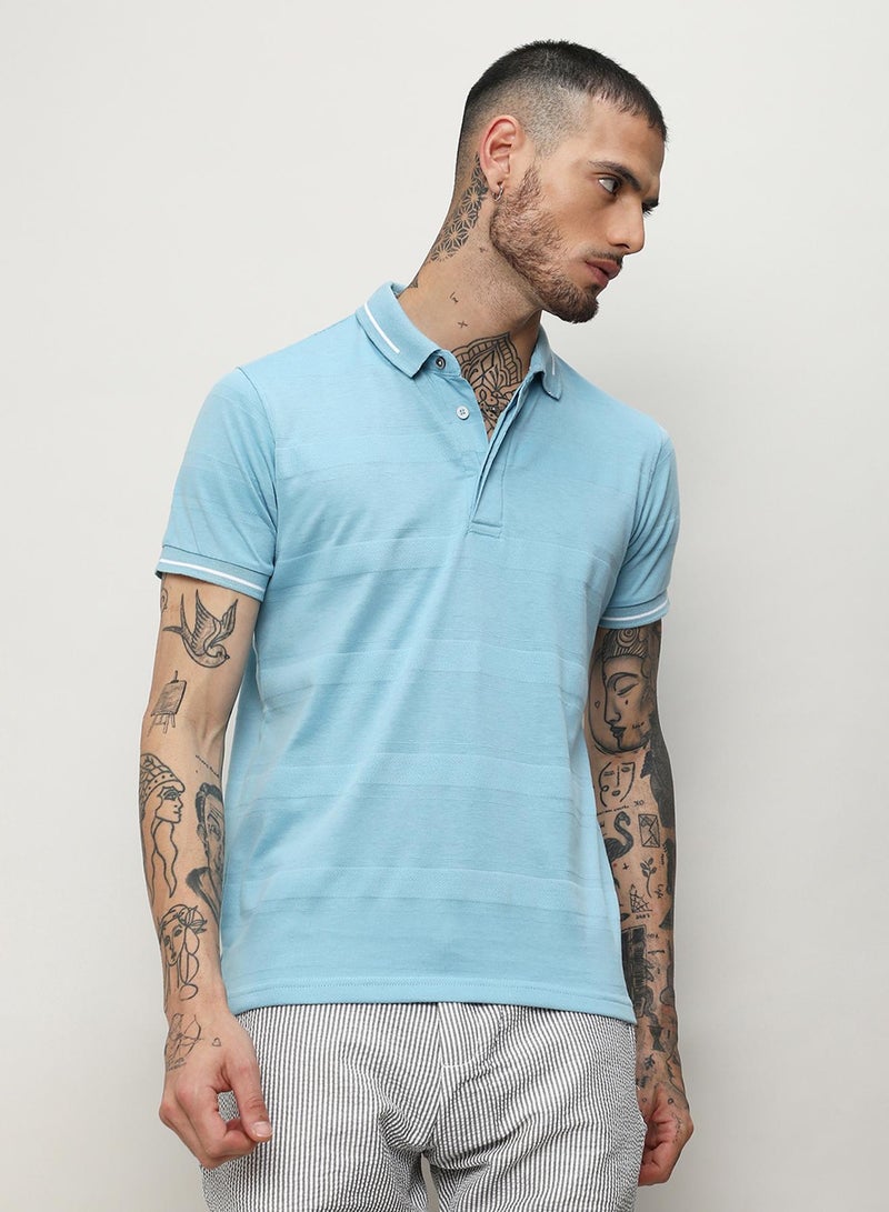 Campus Sutra Campus Sutra Men's Sky Blue Self-Design Horizontal Stripe T-Shirt For Casual Wear | Spread Collar | Short Sleeve | Half-Button Closure | Polycotton T-Shirt Crafted With Comfort Fit For Everyday Wear  - Image 2