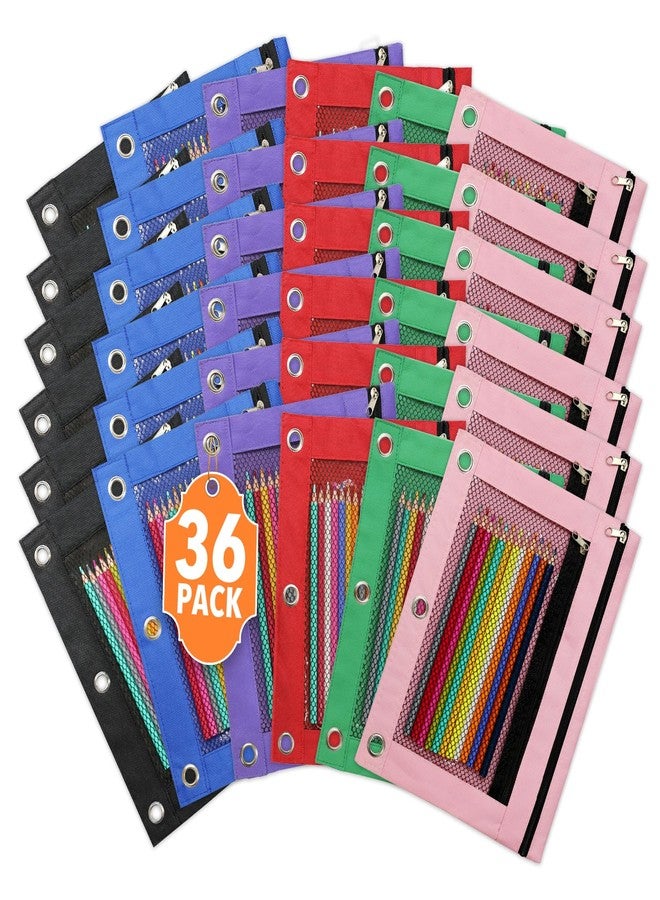 ASBEFORE 36Pcs Pencil Pouch for 3 Ring Binder - Pen Case 3 Hole Pencil Pouch Zipper Bag Holder Bulk Accessories Clear Window Aesthetic Organizer Pockets - Image 1