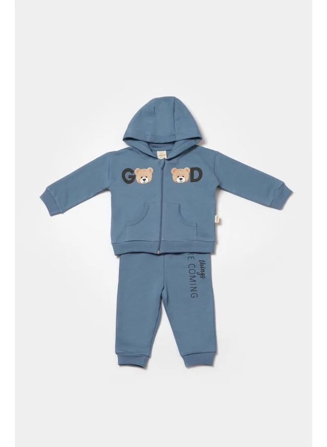 Magu Baby Cotton Blue Hooded Tracksuit with Teddy Bear Print - Two-Piece Set