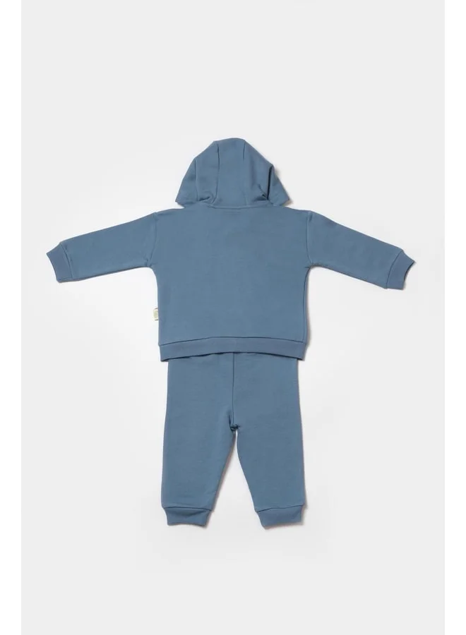 Magu Baby Cotton Blue Hooded Tracksuit with Teddy Bear Print - Two-Piece Set
