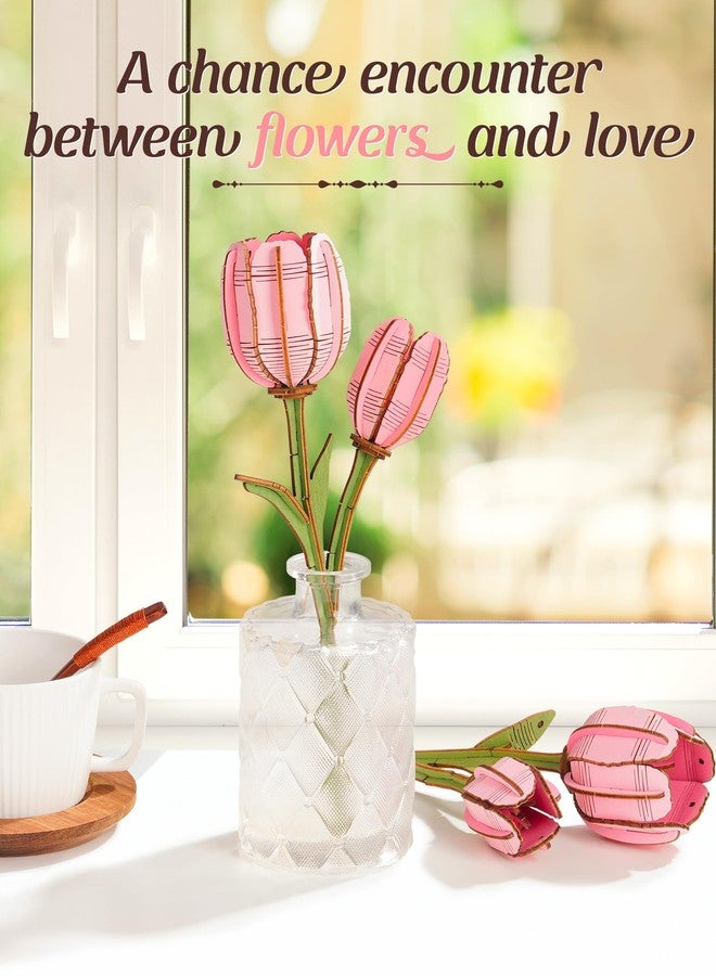 rowood Wooden Flower,3D Puzzles for Adults,Artifical Flower Botanical Collection Building Kit,Mother's Day/Valentine's Day/Christmas Gift-Pink Tulip, Pink, 2 Years 3X-Narrow Little Kid - Image 4