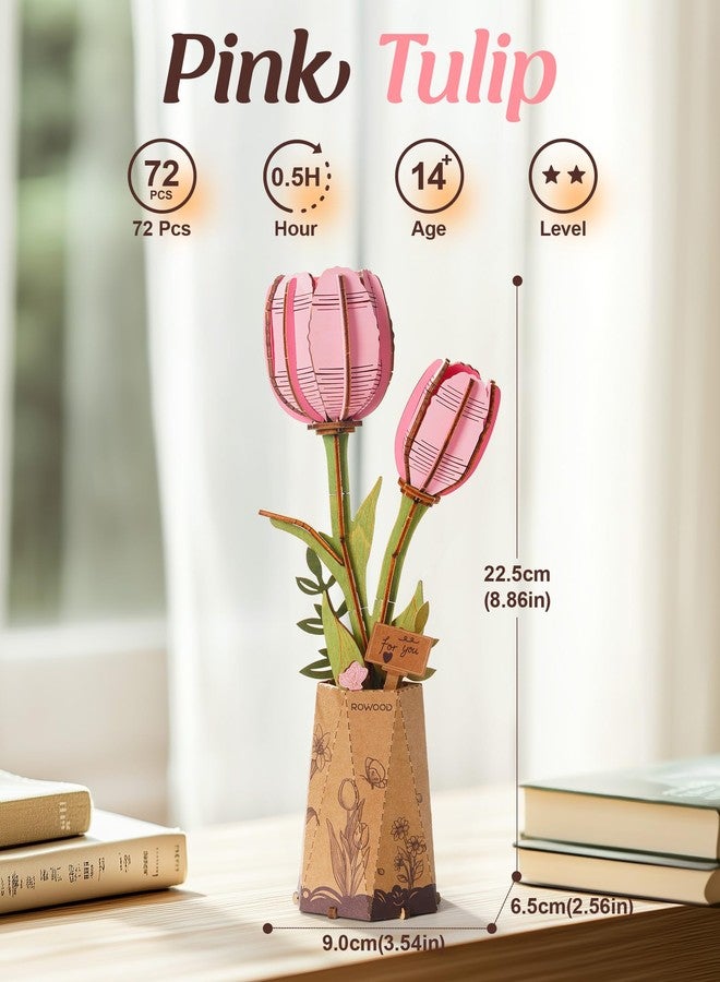 rowood Wooden Flower,3D Puzzles for Adults,Artifical Flower Botanical Collection Building Kit,Mother's Day/Valentine's Day/Christmas Gift-Pink Tulip, Pink, 2 Years 3X-Narrow Little Kid - Image 3