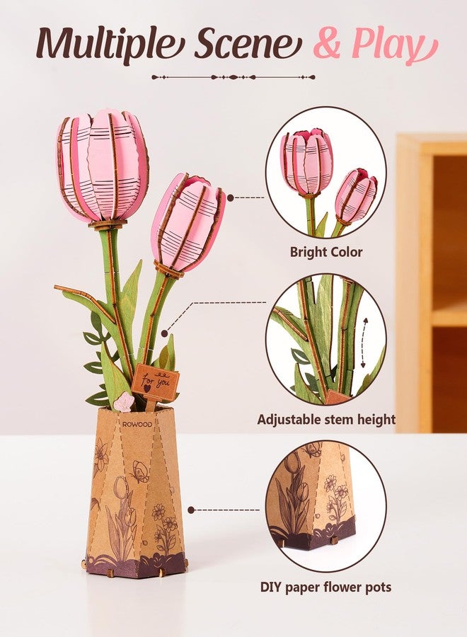 rowood Wooden Flower,3D Puzzles for Adults,Artifical Flower Botanical Collection Building Kit,Mother's Day/Valentine's Day/Christmas Gift-Pink Tulip, Pink, 2 Years 3X-Narrow Little Kid - Image 5
