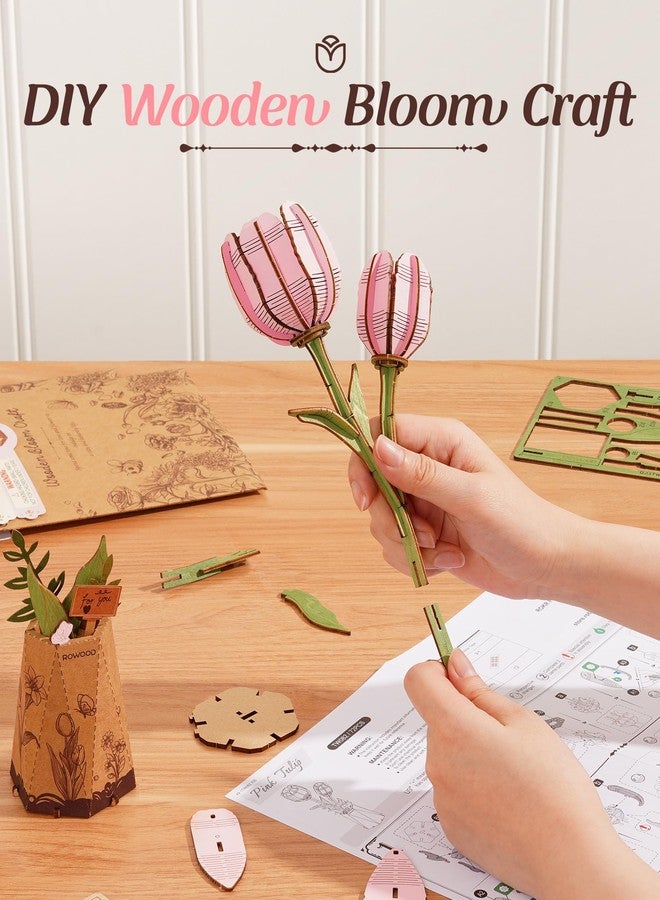 rowood Wooden Flower,3D Puzzles for Adults,Artifical Flower Botanical Collection Building Kit,Mother's Day/Valentine's Day/Christmas Gift-Pink Tulip, Pink, 2 Years 3X-Narrow Little Kid - Image 2