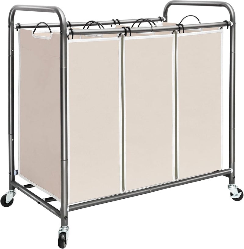 STORAGE MANIAC 3 Section Laundry Sorter, 3 Bag Laundry Hamper Cart with Heavy Duty Rolling Lockable Wheels and Removable Bags, Laundry Organizer Laundry Basket Laundry Clothes Separator Hamper, Beige - Image 1