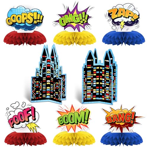 KSKSPE Hero Theme Party Decorations8 PCS KSKSPE Hero Centerpieces for Tables Honeycomb Centerpieces 3D Hero Theme Party Decor Supplies Boys Girls - Image 1