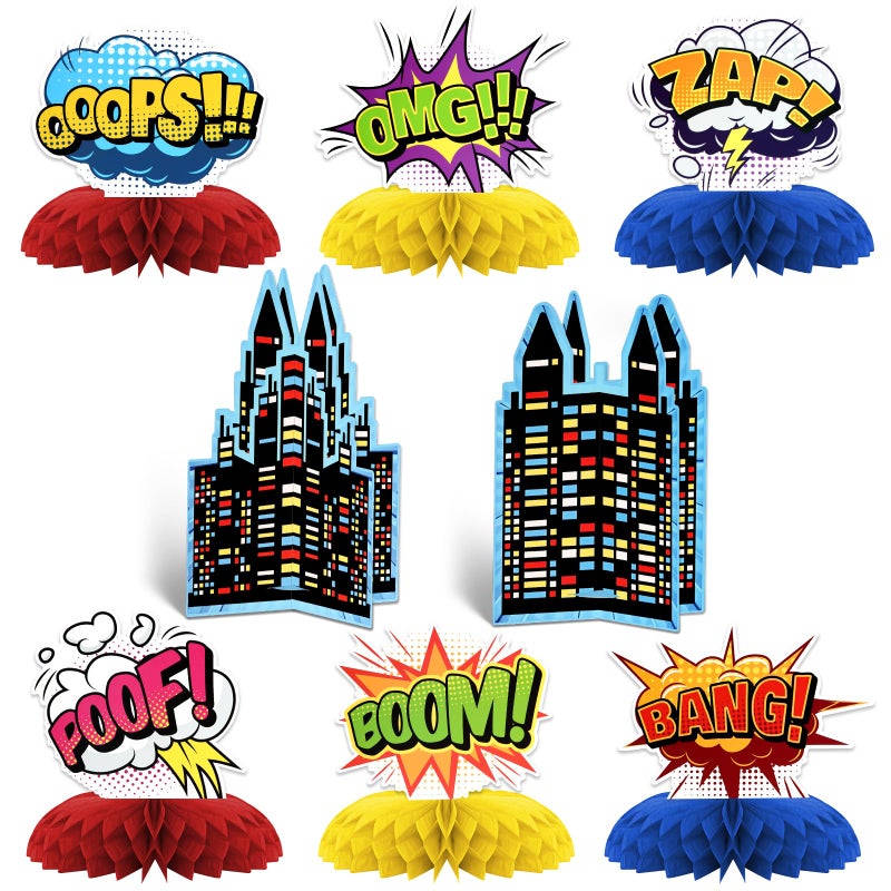 KSKSPE Hero Theme Party Decorations8 PCS KSKSPE Hero Centerpieces for Tables Honeycomb Centerpieces 3D Hero Theme Party Decor Supplies Boys Girls - Image 3