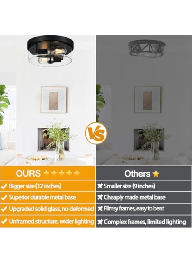 Arabest Black Flush Mount Ceiling Light Fixtures, 2-Light Ceiling Mount for Farmhouse with Seeded Glass Lampshade, Industrial Flush Mount Light Fixture Farmhouse for Hallway, Kitchen, Entryway and Foyer - Image 2