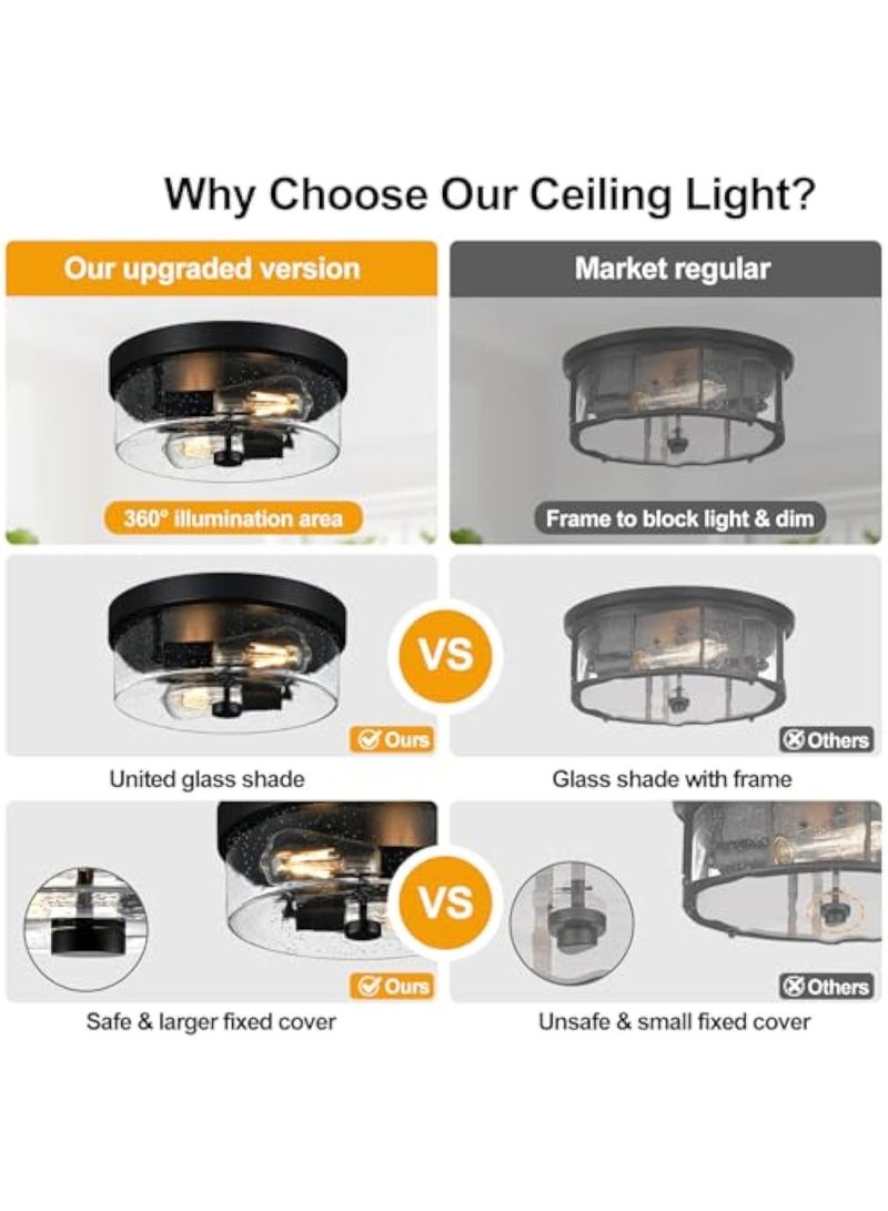 Arabest Black Flush Mount Ceiling Light Fixtures, 2-Light Ceiling Mount for Farmhouse with Seeded Glass Lampshade, Industrial Flush Mount Light Fixture Farmhouse for Hallway, Kitchen, Entryway and Foyer - Image 3