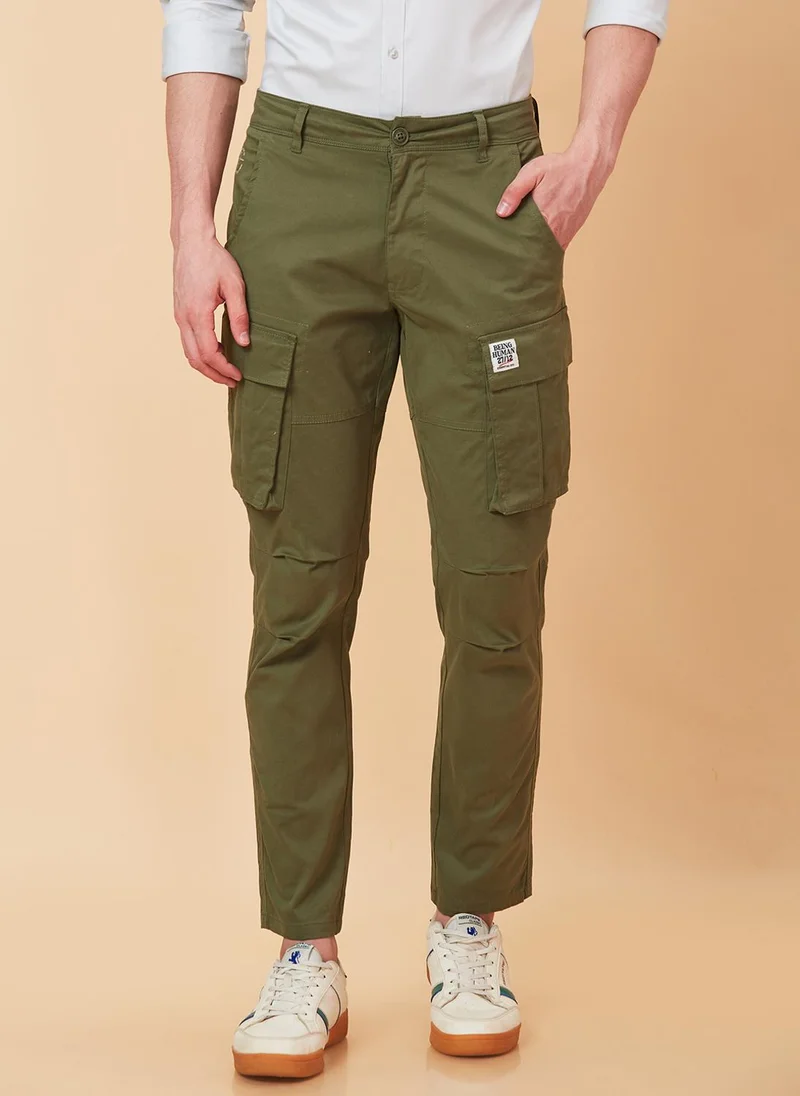 Being Human OLIVE Men Mid-Rise Plain Cotton Slim Fit Cargos Trouser for Men | Best Price UAE