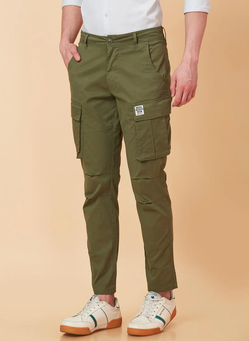 Being Human OLIVE Men Mid-Rise Plain Cotton Slim Fit Cargos Trouser for Men | Best Price UAE