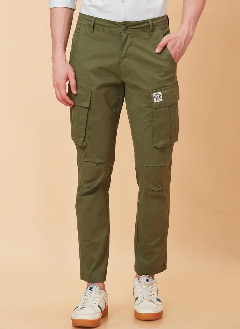 Men Mid-Rise Plain Cotton Slim Fit Cargos Trouser
