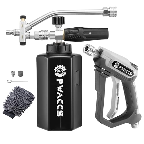 PWACCS Pressure Washer Foam Gun with Dual Connector Accessory, Short Power Washer Gun Foam Cannon and Double Tip Attachment Car Wash Kit, 1/4" Quick Connector, M22 Male Inlet, 4000 PSI, 1.5 Liter - Image 1