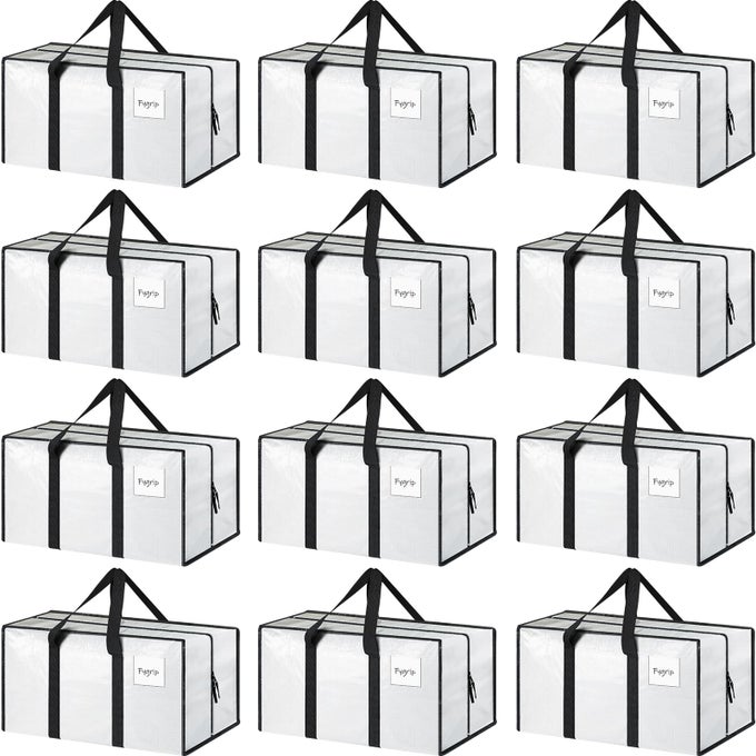12 PACK EXTRA HEAVY DUTY LARGE MOVING BAGS WITH STRONG ZIPPER COMFORTABLE HANDLES STURDY DURABLE CLOTHES STORAGE BAGS TOTES BINS PACKING MOVING BOXES FOR COLLEGE SUPPLIES WHITE