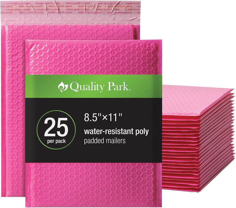 Quality Park Bubble Mailers, 8.25 x 11 Shipping Envelopes, Water Resistant Pink Poly Padded Envelopes, Redi-Strip Peel Off Closure, 25/Box (QUA85861) - Image 1