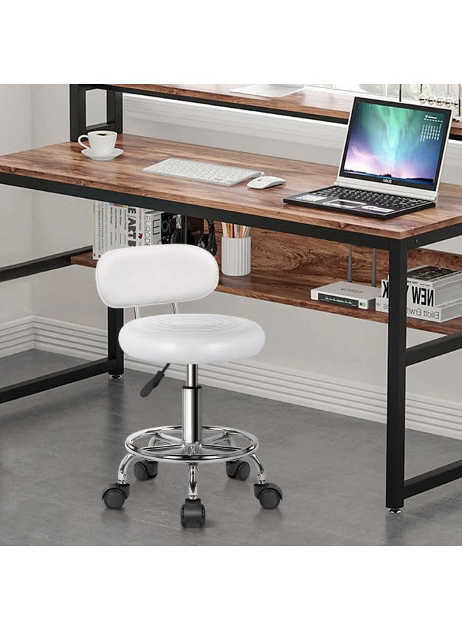 KKTONER PU Leather Modern Rolling Stool with Low Back Height Adjustable Work Salon Drafting Swivel Task Chair with Footrest (White) - Image 1