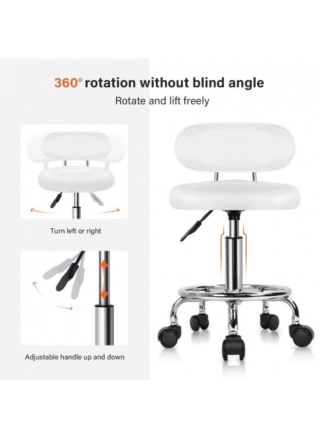 KKTONER PU Leather Modern Rolling Stool with Low Back Height Adjustable Work Salon Drafting Swivel Task Chair with Footrest (White) - Image 3