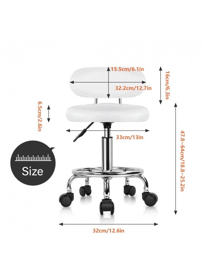 KKTONER PU Leather Modern Rolling Stool with Low Back Height Adjustable Work Salon Drafting Swivel Task Chair with Footrest (White) - Image 2