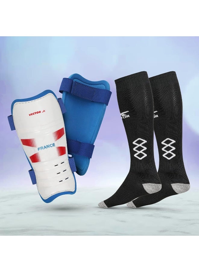 Vector X France Hockey Shinguards with Socks – Protective Gear for Training & Match Play | Size L | White - Image 1