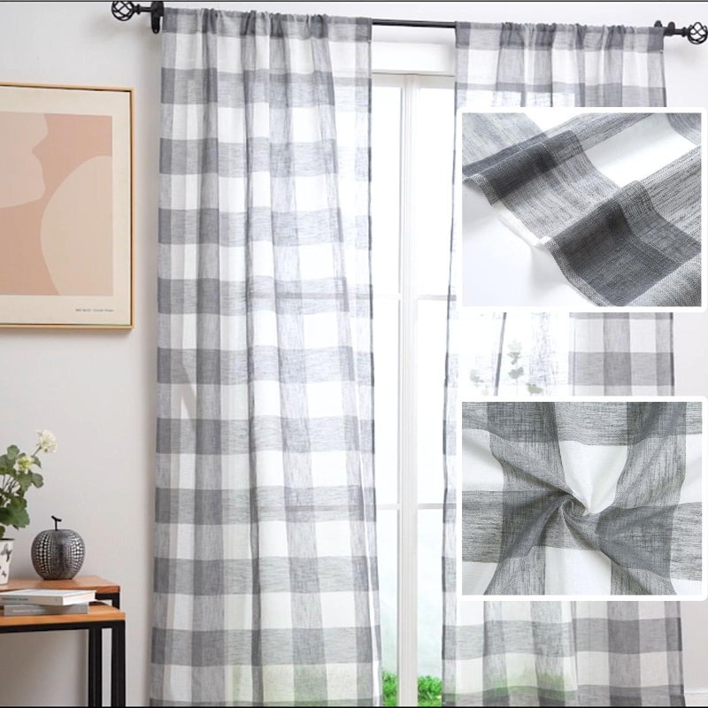 Amzdecor Grey Buffalo Plaid Curtains 63 Inch Long Linen Textured Sheer Panels Buffalo Check Plaid Rod Pocket Rustic Window Treatment Sets for Living Room Bedroom Farmhouse 2 Panels 40'x63'' Gray/White - Image 4