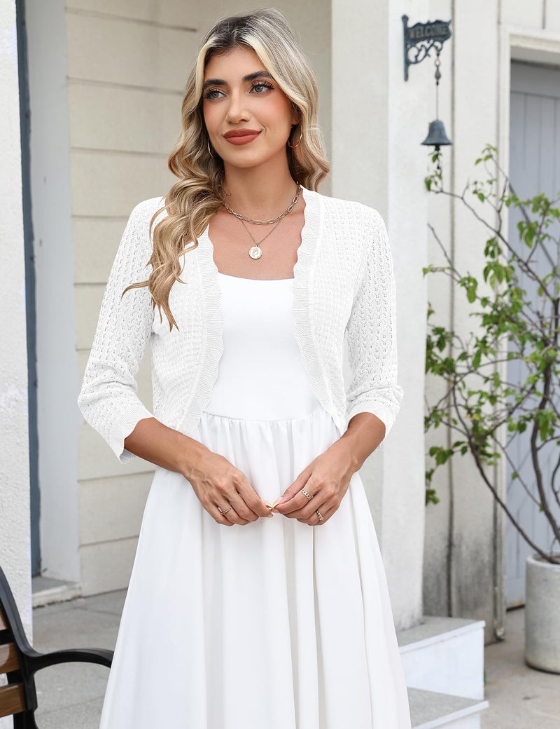 LOMON Womens 3/4 Sleeve Cardigan Cropped Bolero Shrug Light-Weight Open Front Crochet Knit Sweater, S White - Image 3