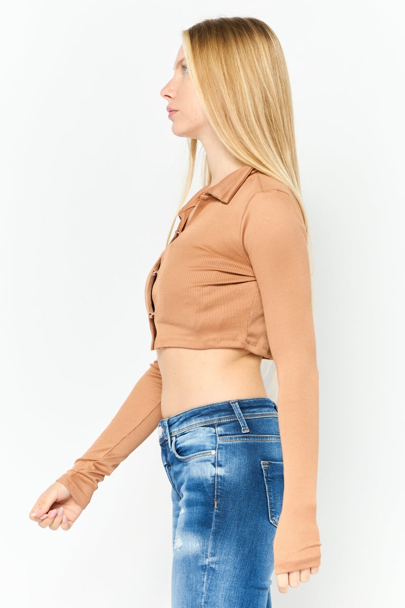 POOF Women Spread Collar Long Sleeve Ribbed Crop Top, Brown - Image 3