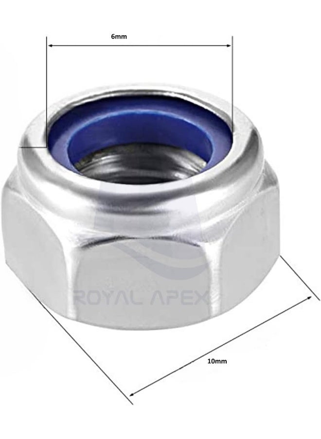 Royal Apex Royal Apex Stainless Steel Hex Nuts - Nylon Insert Lock Nuts - Self-Locking Nut for Bolts & Screws, DIN 985 etc... (Pack of 10, 6mm) - Image 2