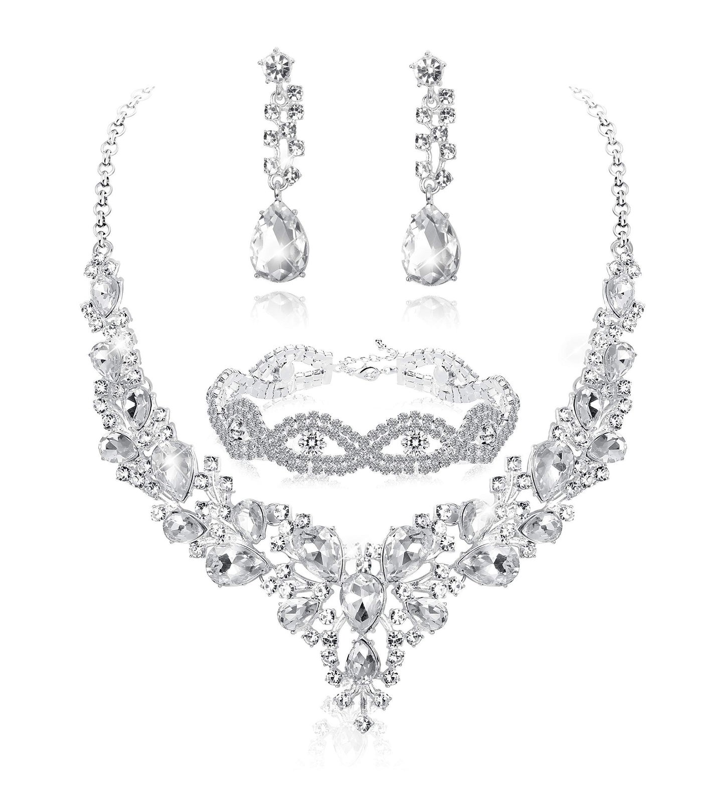 Fiasaso 3pcs Crystal Bridal Jewelry Set for Women Rhinestone Necklace Earrings Bracelet Wedding Bridesmaid Silver Tone
