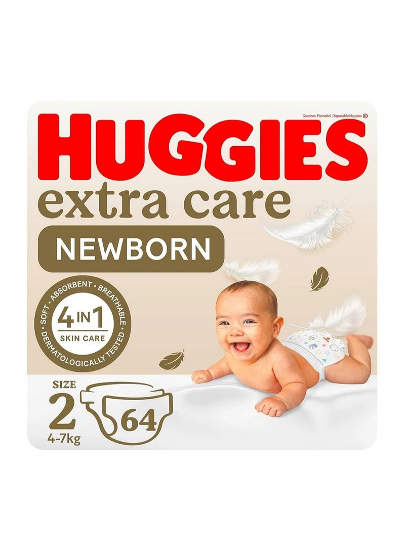 Huggies Extra Care Newborn Tape Stye Diapers, 64 Pieces, Size 2, 4 to 6kg - 12h Protection, Dermatologist Approved, Breathable - Image 1