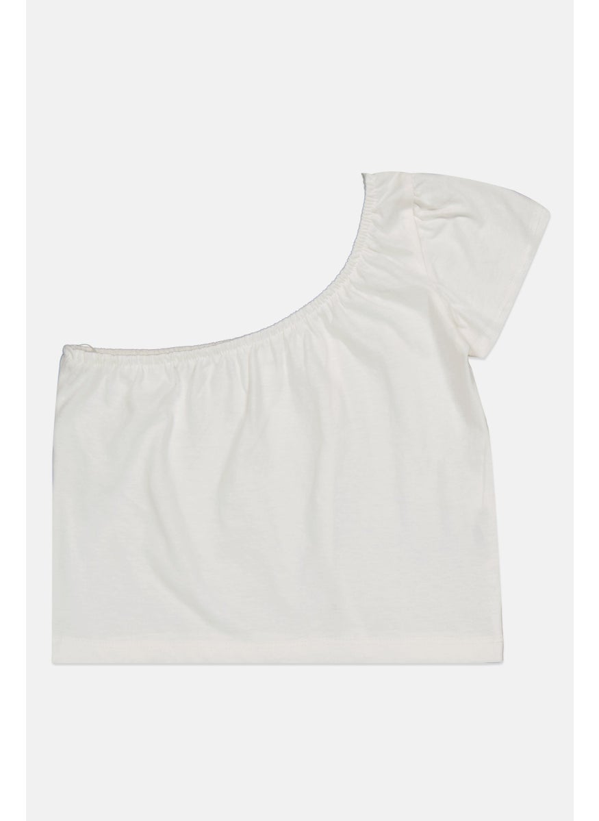 Lefties Kids Girl Asymmetrical Neckline One Shoulder Sleeve Solid Top, White  - Image 1