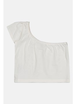 Lefties Kids Girl Asymmetrical Neckline One Shoulder Sleeve Solid Top, White  - Image 2