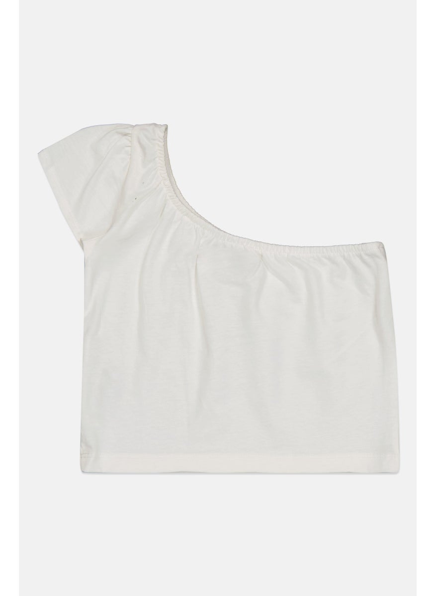 Lefties Kids Girl Asymmetrical Neckline One Shoulder Sleeve Solid Top, White  - Image 2