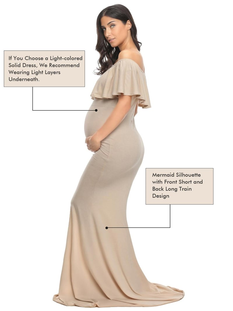 Glampunch Womens Off Shoulder Maternity Dress Ruffles Elegant Slim Gowns Fit Maxi Photography Dress Beige - Image 5