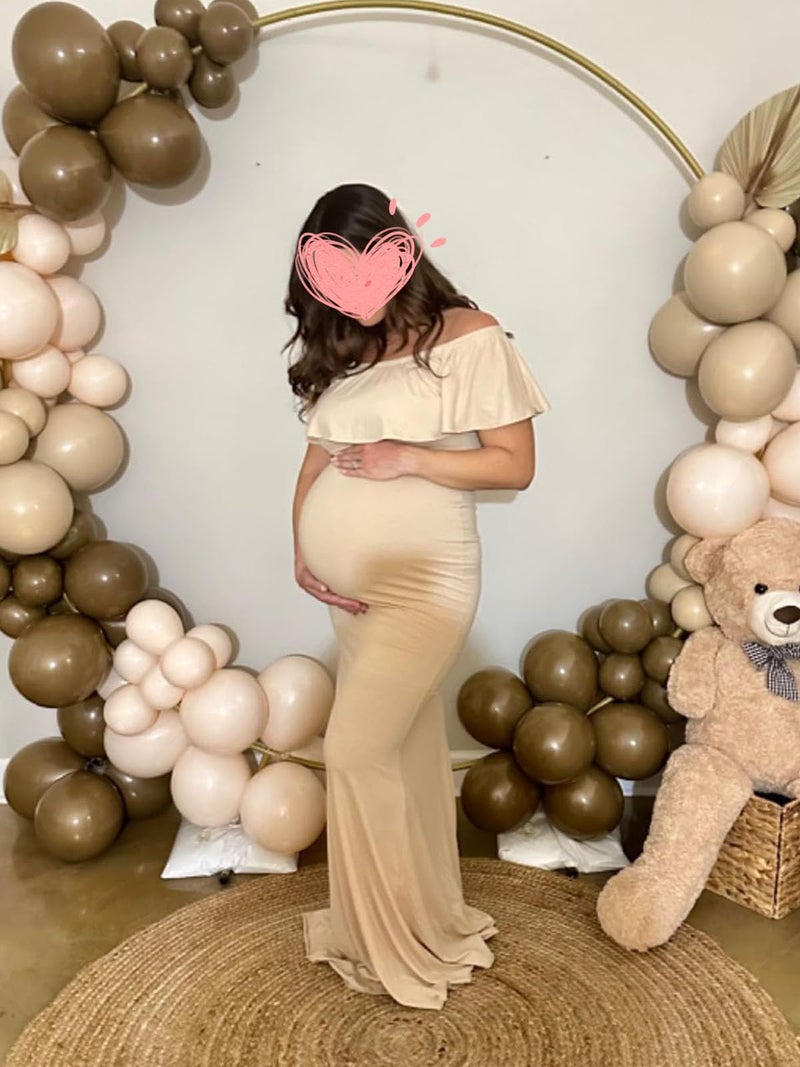Glampunch Womens Off Shoulder Maternity Dress Ruffles Elegant Slim Gowns Fit Maxi Photography Dress Beige - Image 3