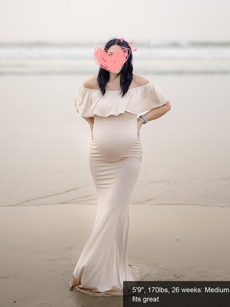 Glampunch Womens Off Shoulder Maternity Dress Ruffles Elegant Slim Gowns Fit Maxi Photography Dress Beige - Image 4