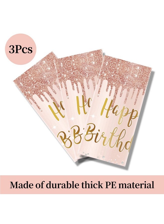 Excelloon 3 Pcs Pink Rose Gold Happy Birthday Tablecloth Decorations for Women, Happy Birthday Table Cover Party Supplies, 16th 21st 30th 40th 50th Birthday Plastic Disposable Rectangular Table Cloth Decor - Image 4
