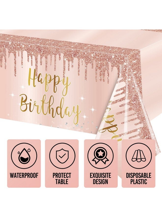 Excelloon 3 Pcs Pink Rose Gold Happy Birthday Tablecloth Decorations for Women, Happy Birthday Table Cover Party Supplies, 16th 21st 30th 40th 50th Birthday Plastic Disposable Rectangular Table Cloth Decor - Image 3