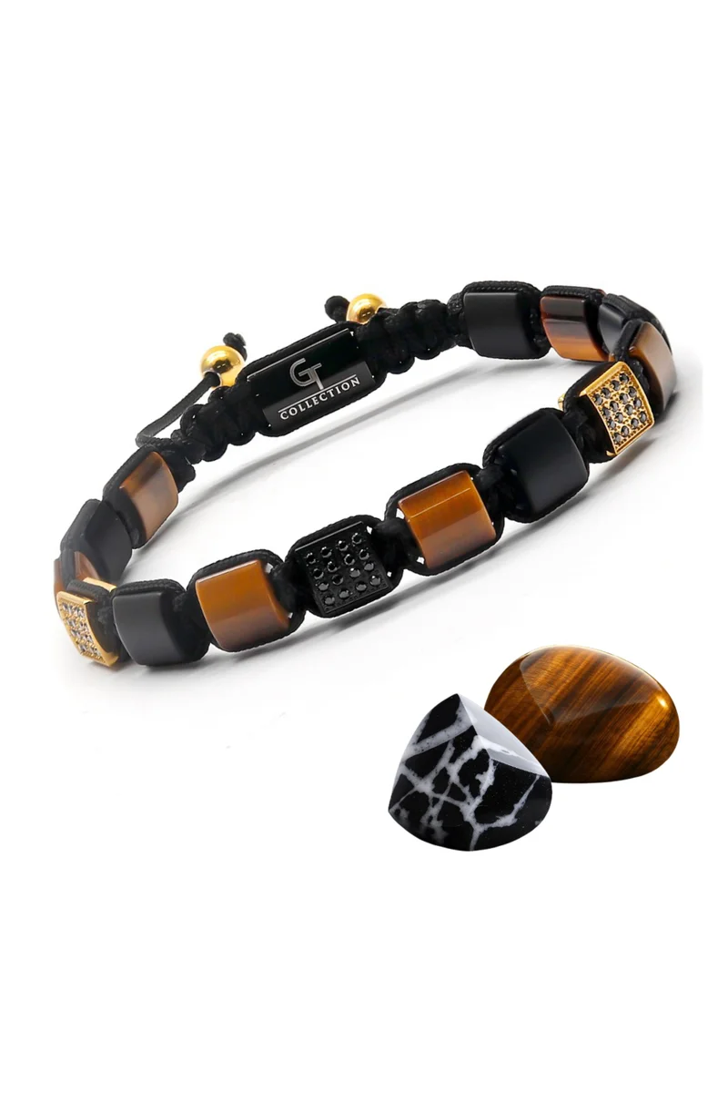 لونورا خرز عين النمر والعقيق الأسود المسطح سوار خرز من الحجر الطبيعي مصنوع يدويًا – سوار للرجال، سوار رجالي، هدية للرجال، أساور للرجال – قابل للتعديل بمقاس واحد للجميع