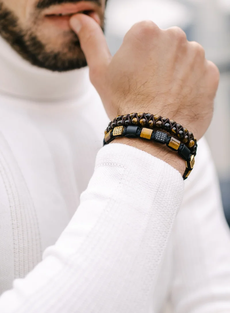 لونورا خرز عين النمر والعقيق الأسود المسطح سوار خرز من الحجر الطبيعي مصنوع يدويًا – سوار للرجال، سوار رجالي، هدية للرجال، أساور للرجال – قابل للتعديل بمقاس واحد للجميع