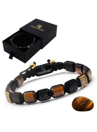 Lunnora Tiger Eye & Black Onyx Flat Beads Handmade Natural Stone Bead Bracelet – Bracelet for Men, Men’s Bracelet, Gifts for Men, Bracelets for Men – Adjustable One Size Fits All