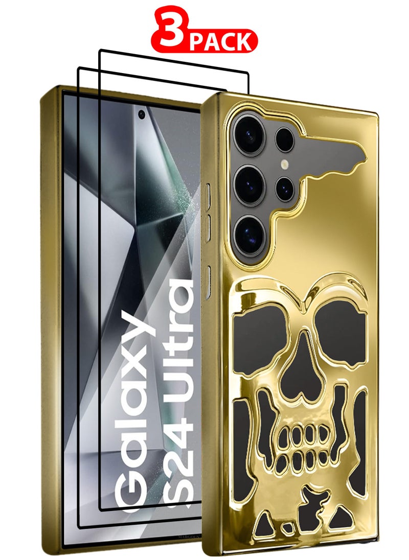 CATANES Galaxy S24 Ultra 3Packs Case Cover Soft TPU and Glossy Skull Design with Two 3D Shockproof Screen Protector - Gold  - Image 1