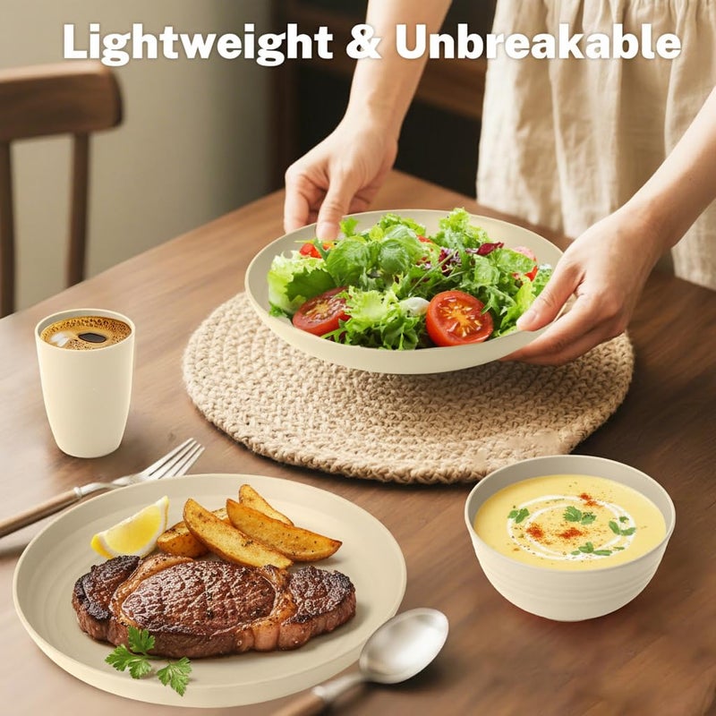 BUSOKIP Wheat Straw Dishes Set Service for 8, Reusable Plastic Dinnerware Set 32 PCS, Kitchen Plates and Bowls sets, Unbreakable Microwave and Dishwasher Safe Camping Dishes for RV, Outdoor - Beige - Image 5