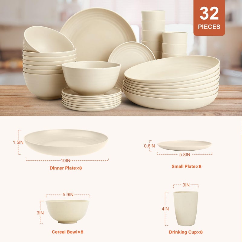 BUSOKIP Wheat Straw Dishes Set Service for 8, Reusable Plastic Dinnerware Set 32 PCS, Kitchen Plates and Bowls sets, Unbreakable Microwave and Dishwasher Safe Camping Dishes for RV, Outdoor - Beige - Image 2
