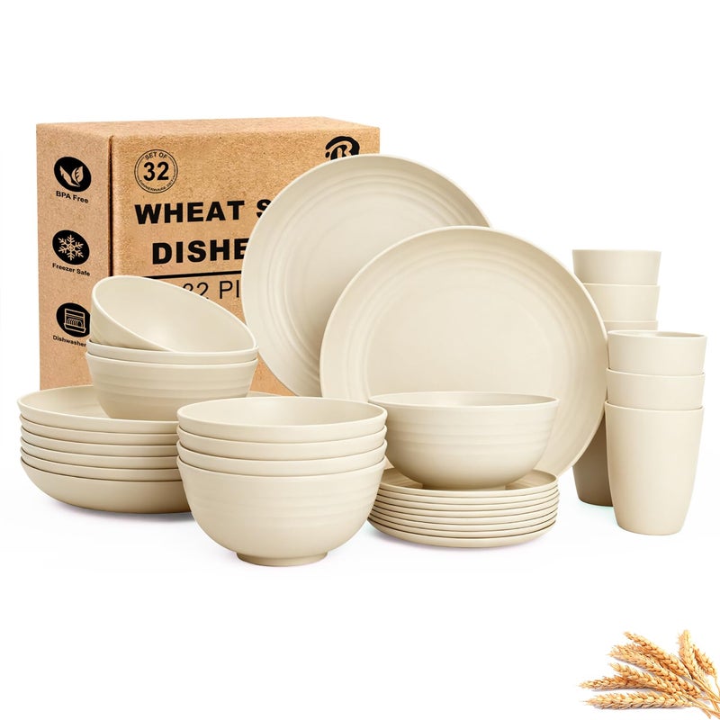 BUSOKIP Wheat Straw Dishes Set Service for 8, Reusable Plastic Dinnerware Set 32 PCS, Kitchen Plates and Bowls sets, Unbreakable Microwave and Dishwasher Safe Camping Dishes for RV, Outdoor - Beige - Image 1