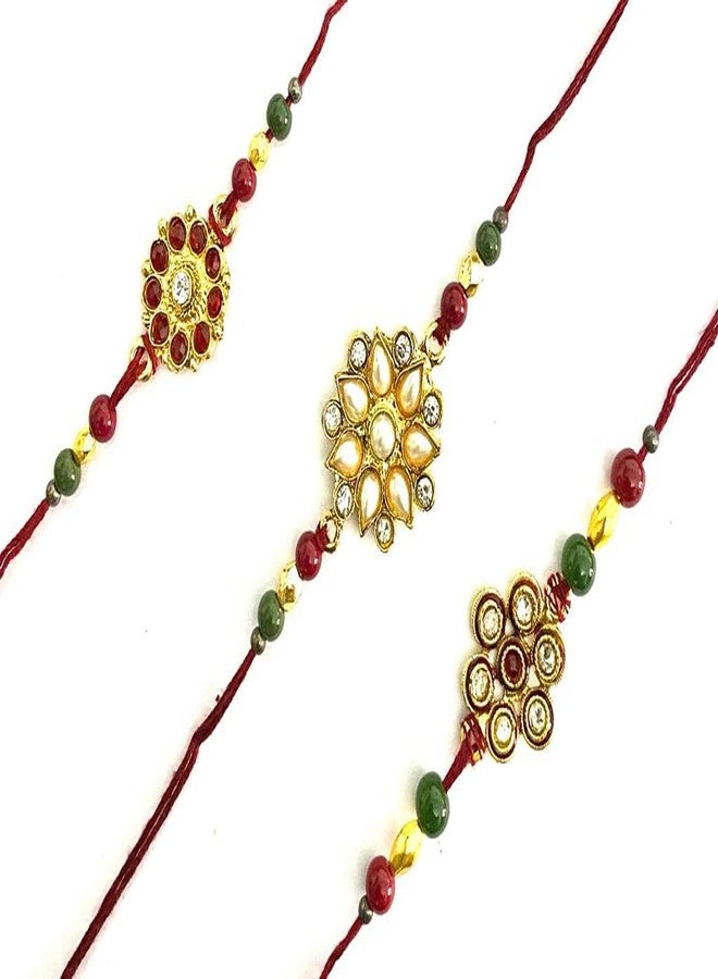 RELBEES Kundan Gold Plated Rakhi for Brother/bhaiya bhabhi Combo (Pack of 3) | Bracelet Designer Rakhi - Image 1