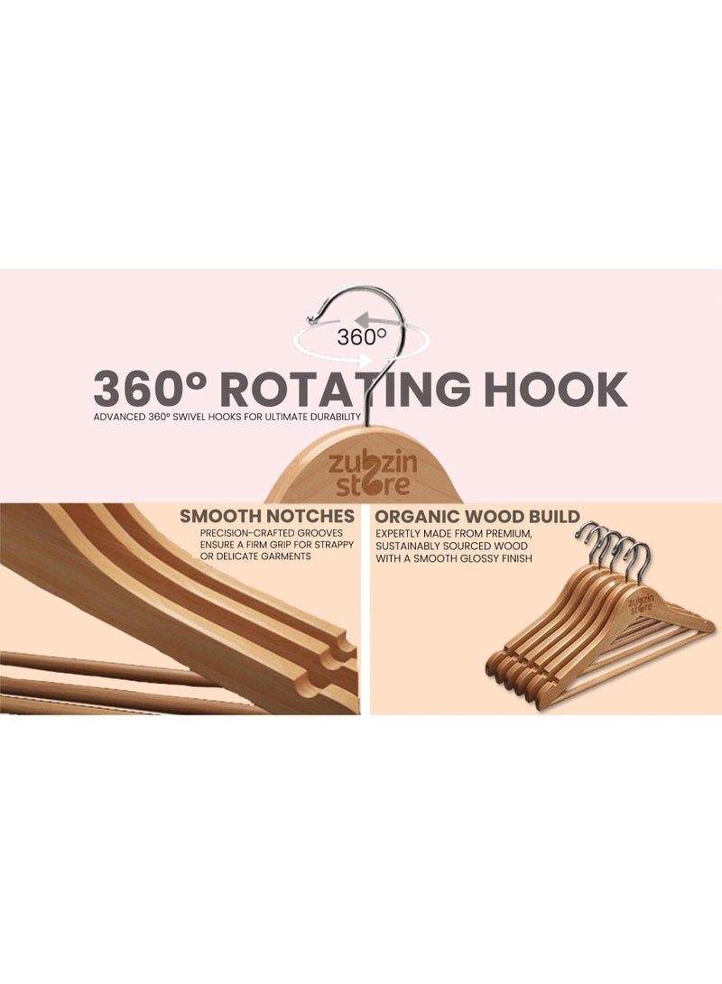 Pack of 20 High-Grade Wooden Hangers – Premium Smooth Finish, 360° Swivel Hook, Trouser Bar & Dress Notches – Natural Wood Luxury Suit, Coat & Clothes Hangers - Image 5