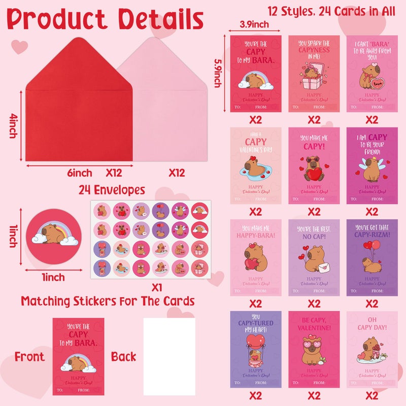 TICIAGA 72pcs Valentine's Day Capybara Greeting Card with Envelop and Stickers for Kids, Fun Animal Notecard Gift Cards for Boys and Girls School Classroom Exchange, Valentines Capybara Party Favors - Image 2